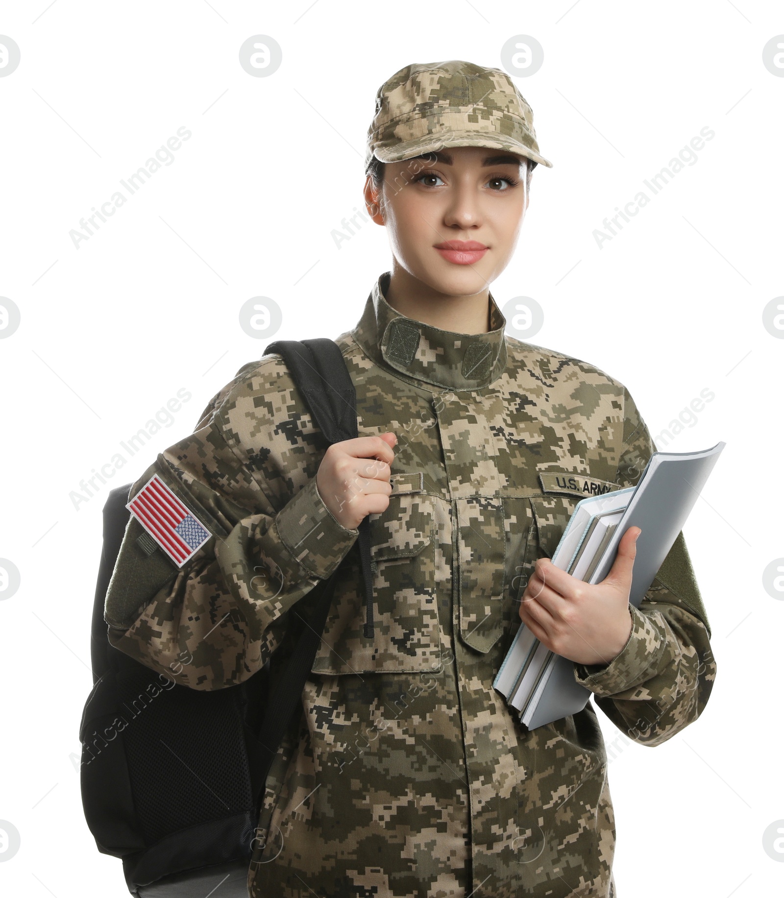Photo of Female soldier with notebooks and backpack on white background. Military education