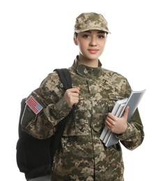 Photo of Female soldier with notebooks and backpack on white background. Military education