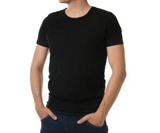 Man in black t-shirt on white background, closeup. Space for design