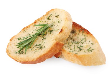Photo of Pieces of tasty baguette with rosemary and dill isolated on white