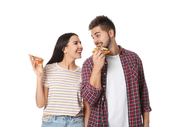 Happy couple with pizza isolated on white