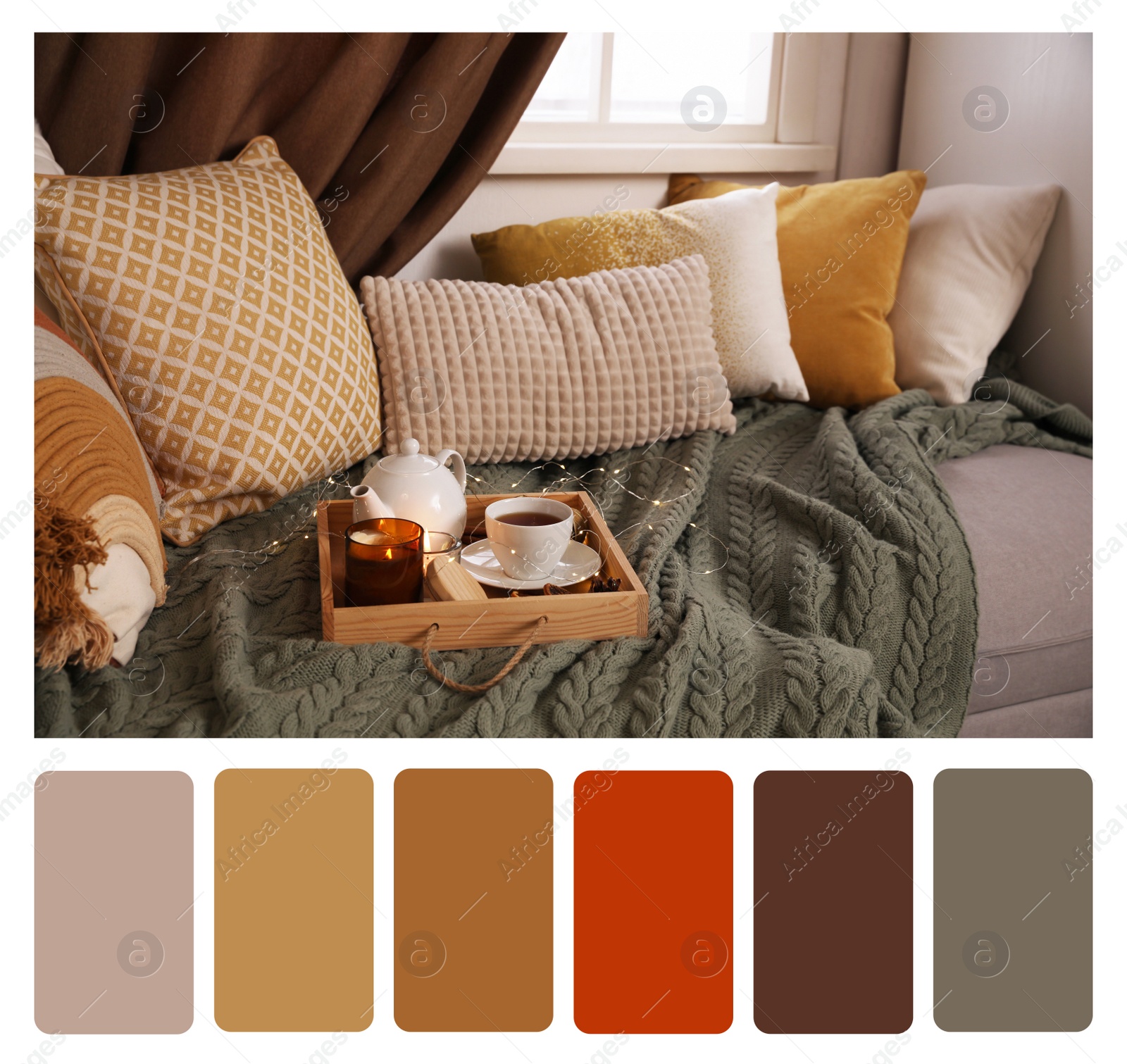 Image of Color palette and photo of comfortable lounge area with knitted blanket and soft pillows near window in room. Collage