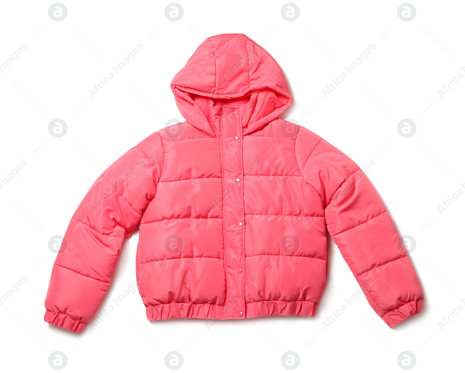 Photo of Pink warm women's jacket isolated on white, top view