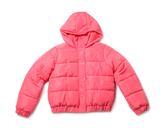 Pink warm women's jacket isolated on white, top view