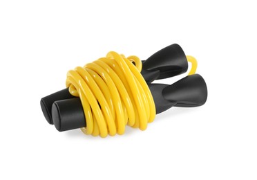 Yellow skipping rope on white background. Sports equipment