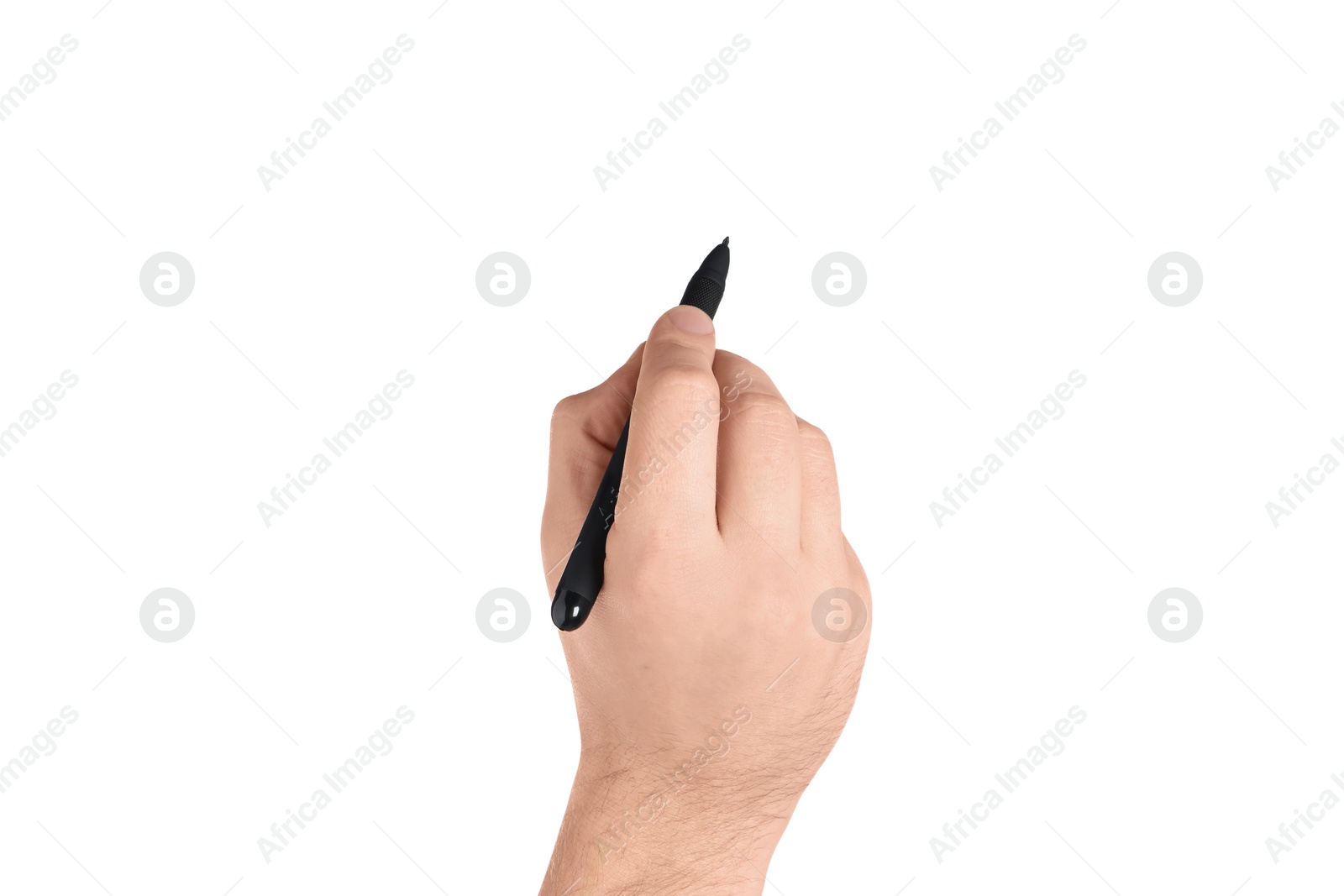 Photo of Man holding pen on white background, closeup of hand