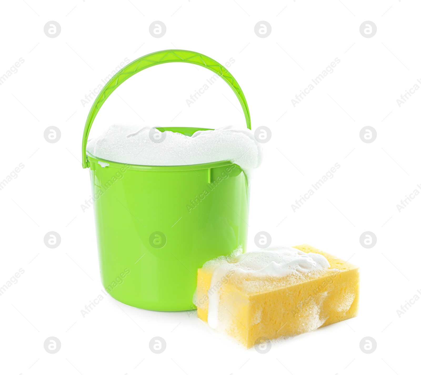 Photo of Plastic bucket with foam and sponge on white background. Cleaning supplies