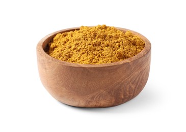 Photo of Dry curry powder in bowl isolated on white