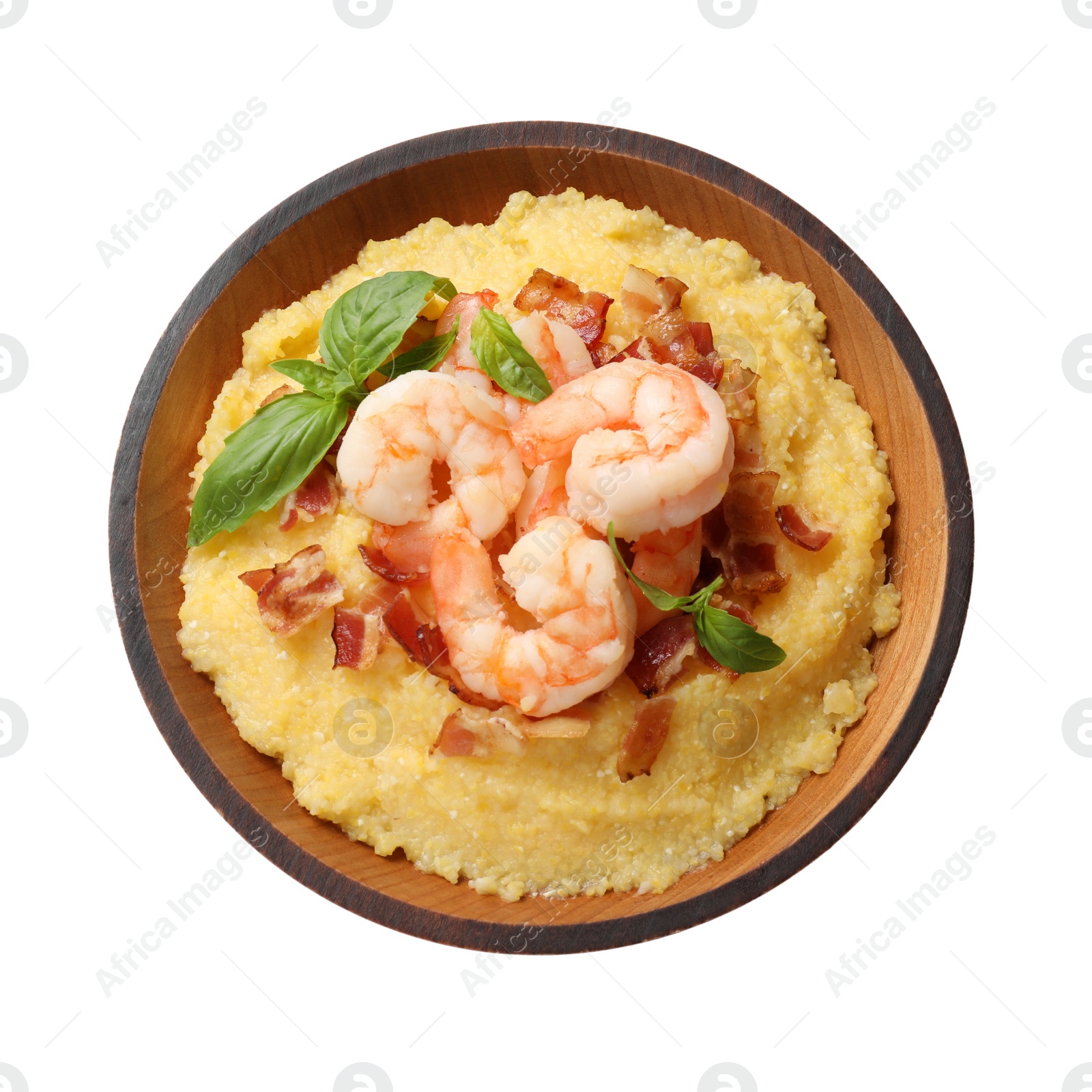 Photo of Fresh tasty shrimps, bacon, grits and basil in bowl isolated on white, top view