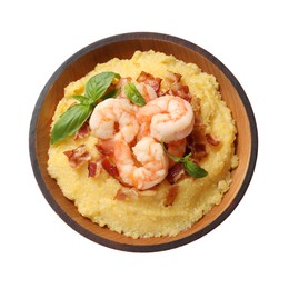 Fresh tasty shrimps, bacon, grits and basil in bowl isolated on white, top view