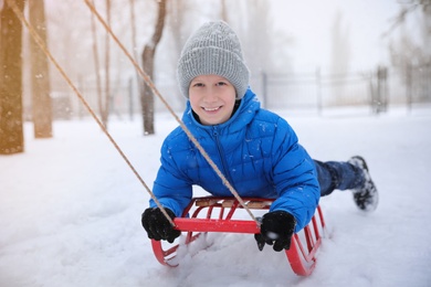 Cute little boy enjoying sleigh ride outdoors on winter day