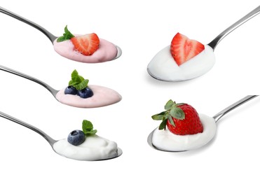 Different delicious yogurts in spoons isolated on white, set