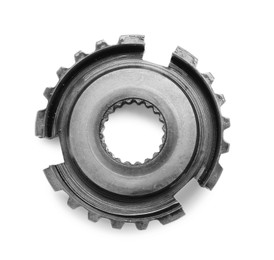 Photo of Stainless steel gear on white background, top view