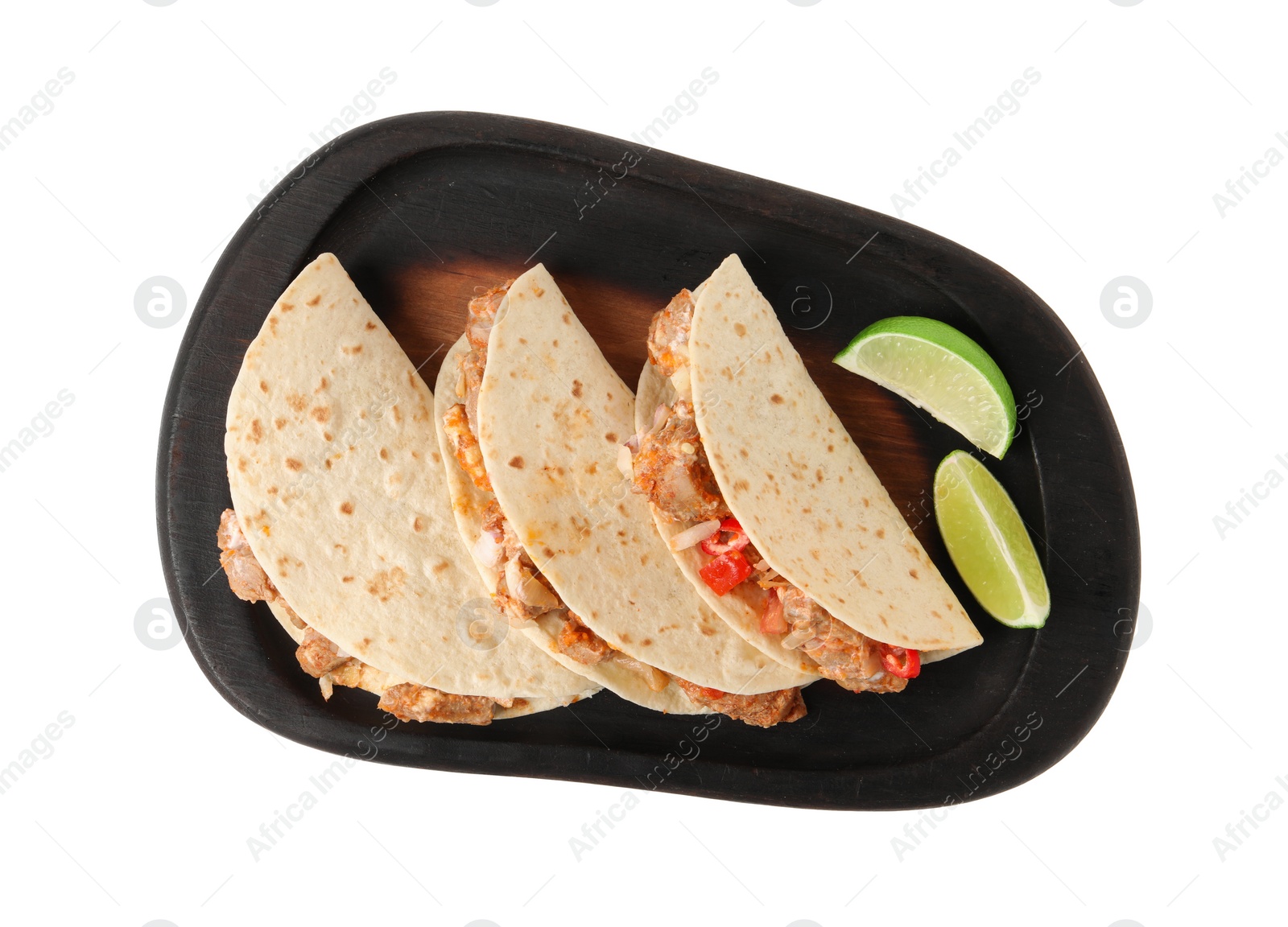 Photo of Delicious tacos with meat, vegetables and slices of lime isolated on white, top view