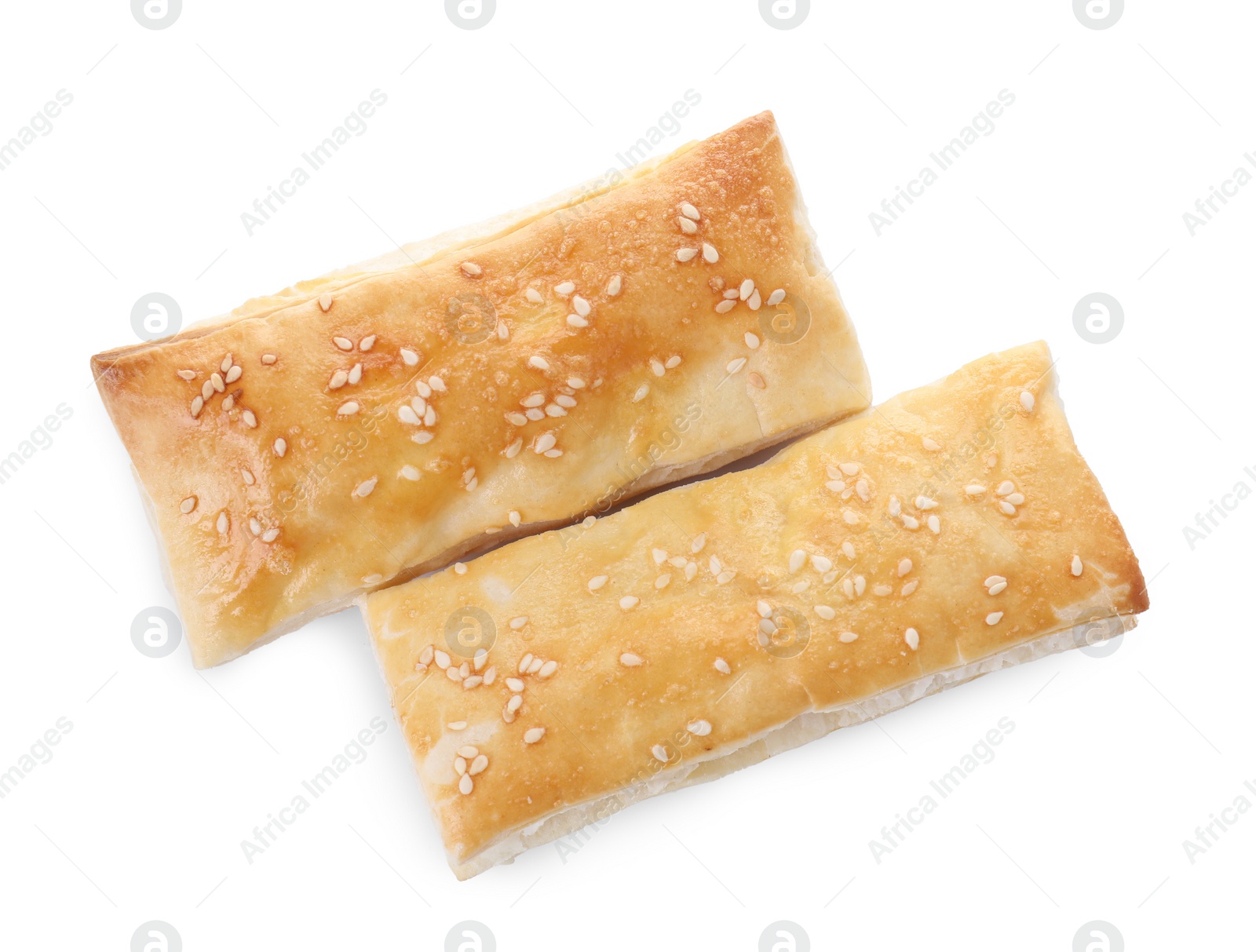 Photo of Delicious fresh puff pastries isolated on white, top view