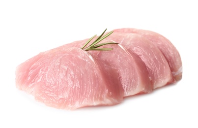 Photo of Cut raw turkey fillet with rosemary on white background