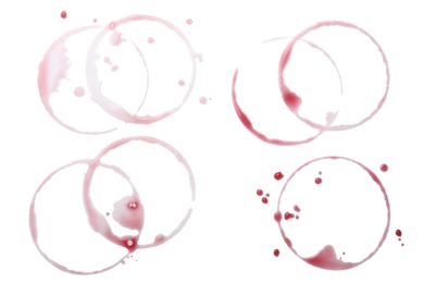 Many wine rings and drops on white background, top view