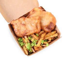 Photo of Tasty fish, chips and peas in paper box isolated on white, top view