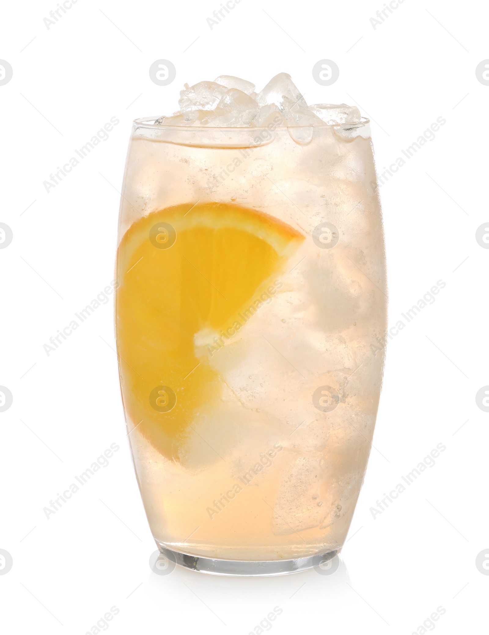 Photo of Water with ice cubes and orange isolated on white