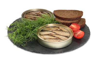 Canned sprats, dill, bread and tomato isolated on white