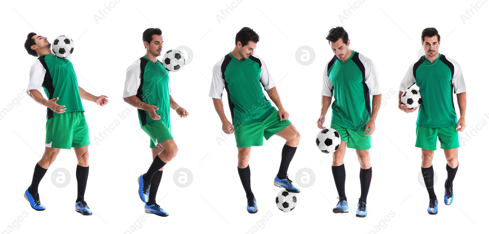 Image of Collage with photos of young football player on white background. Banner design