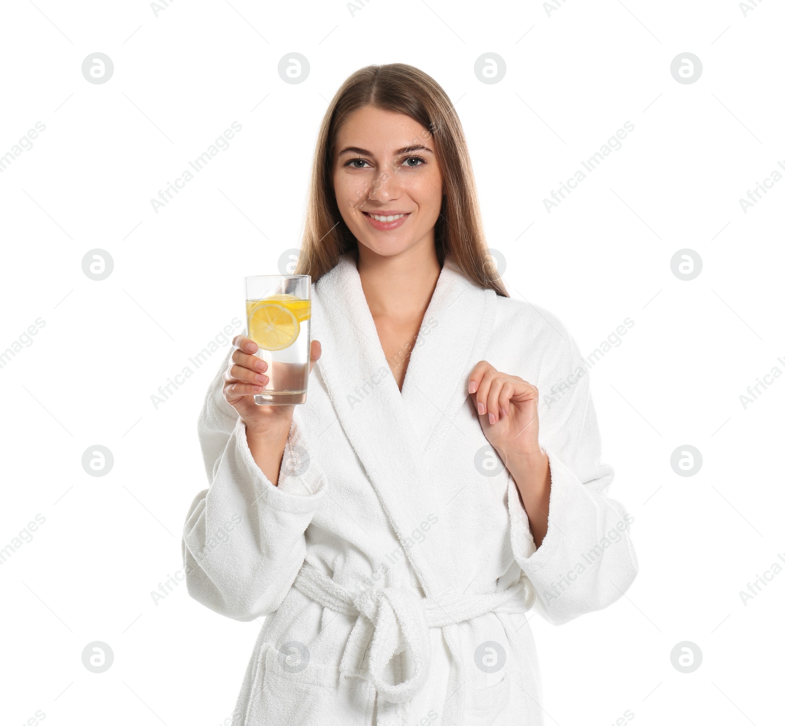 Photo of Young woman with glass of lemon water on white background