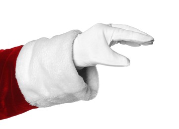 Merry Christmas. Santa Claus holding something on white background, closeup