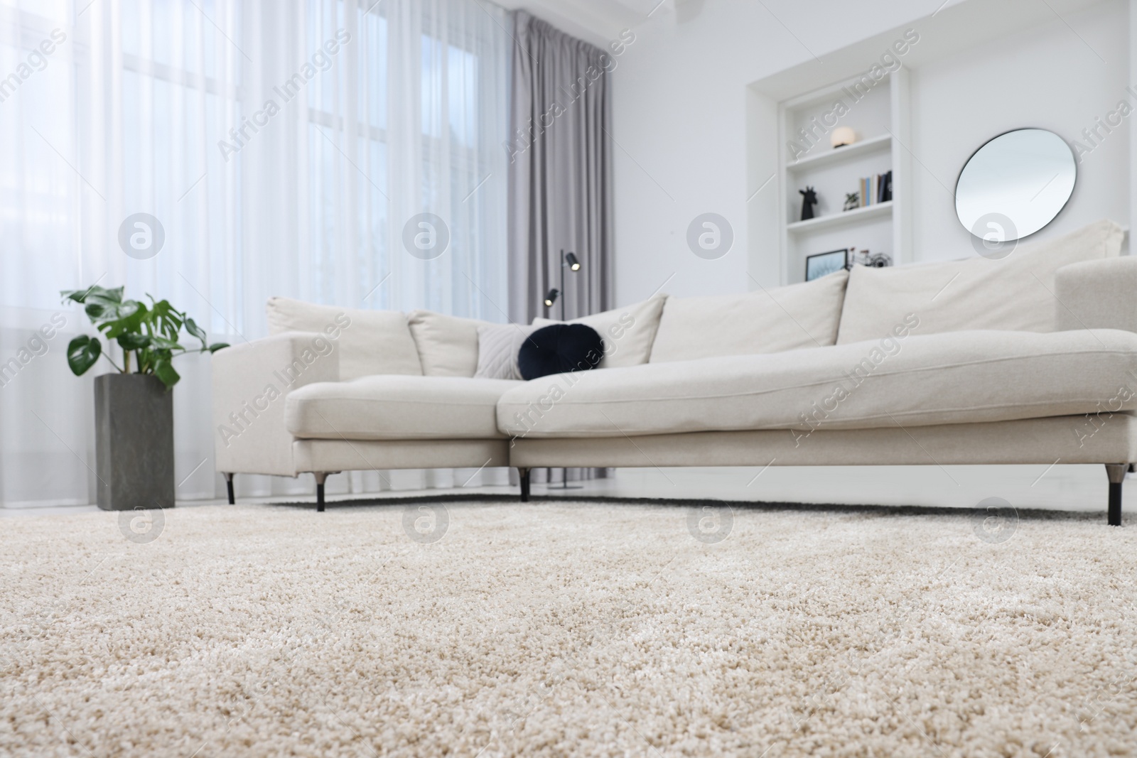 Photo of Fluffy carpet and stylish furniture on floor indoors, low angle view