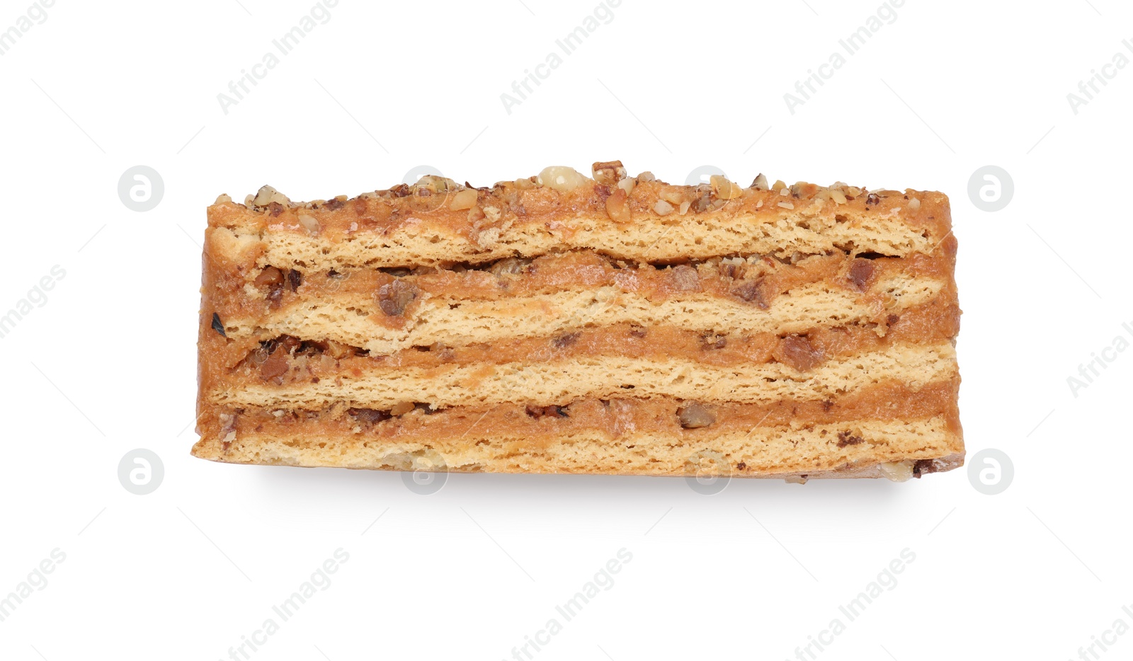 Photo of Delicious layered honey cake isolated on white, top view