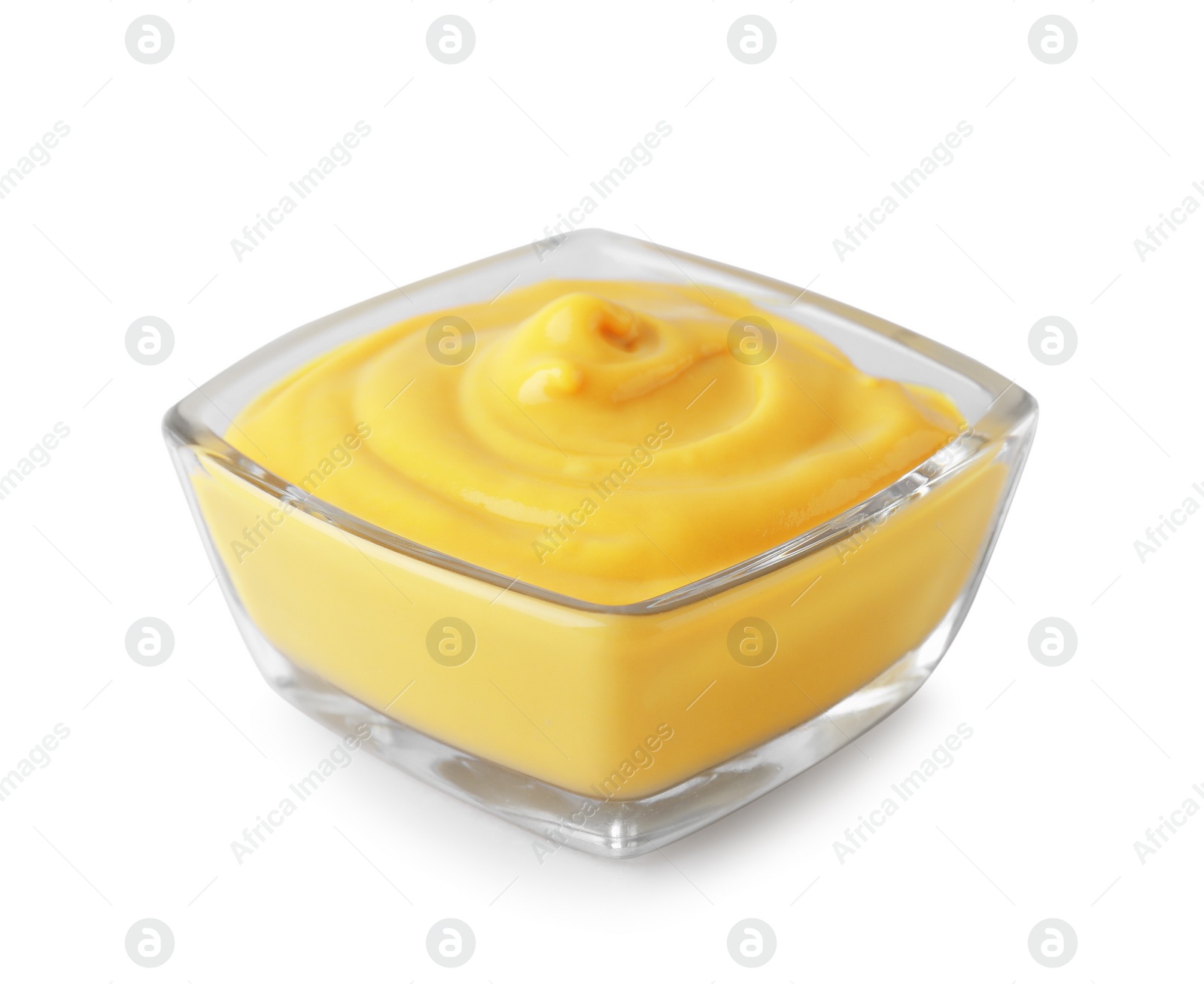 Photo of Bowl with delicious mustard on white background