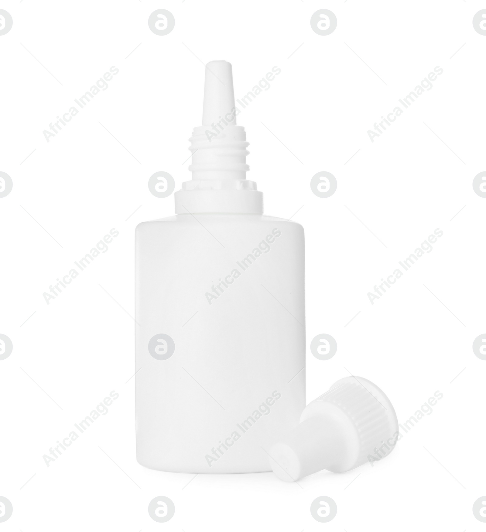 Photo of Bottle of nasal spray isolated on white