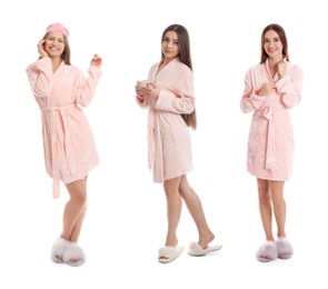 Image of Women wearing bathrobes on white background, collage. Banner design