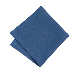 Photo of Blue folded fabric napkin on white background, top view