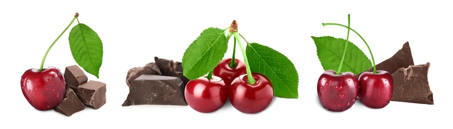 Fresh cherries and pieces of chocolate isolated on white, set