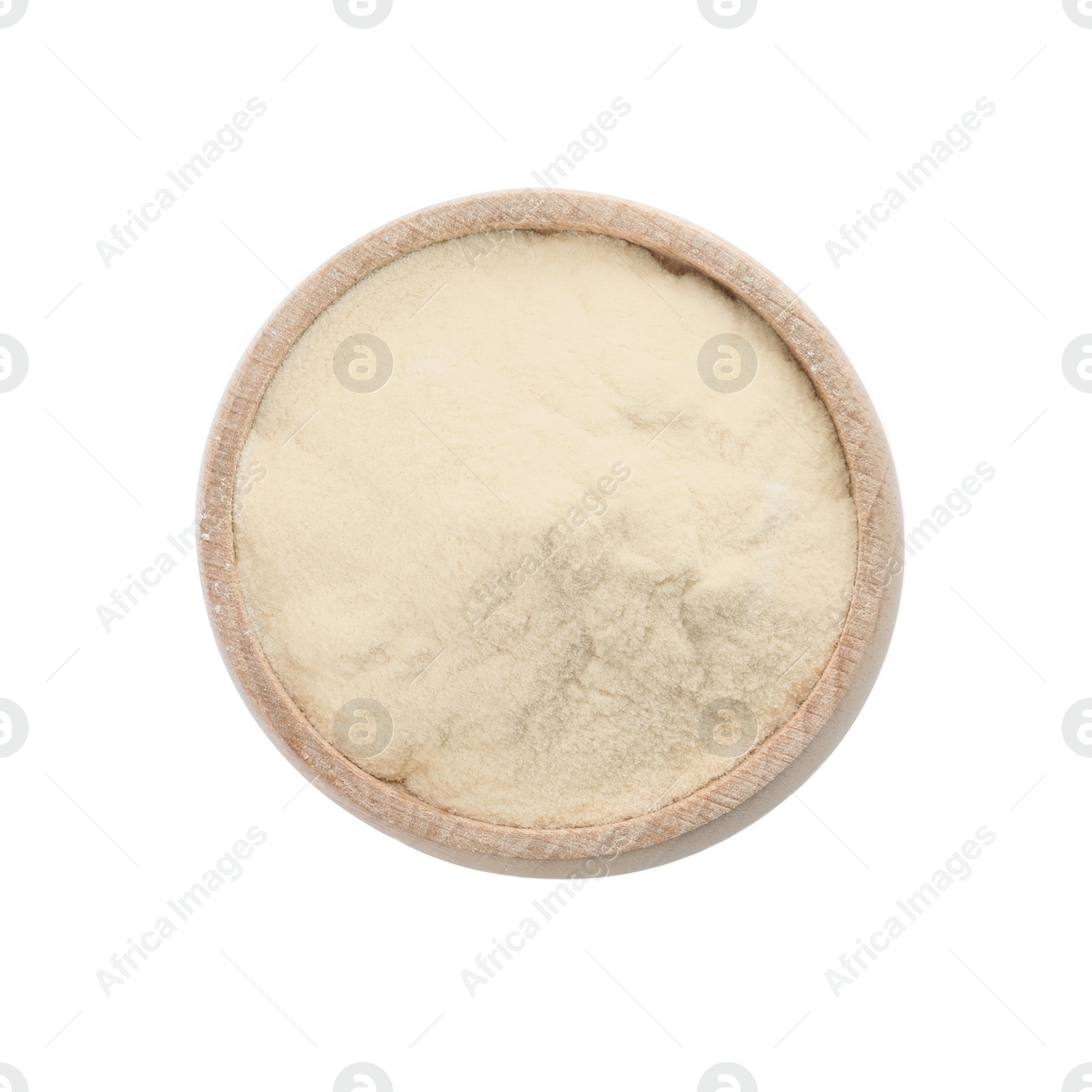 Photo of Wooden bowl of agar-agar powder isolated on white, top view