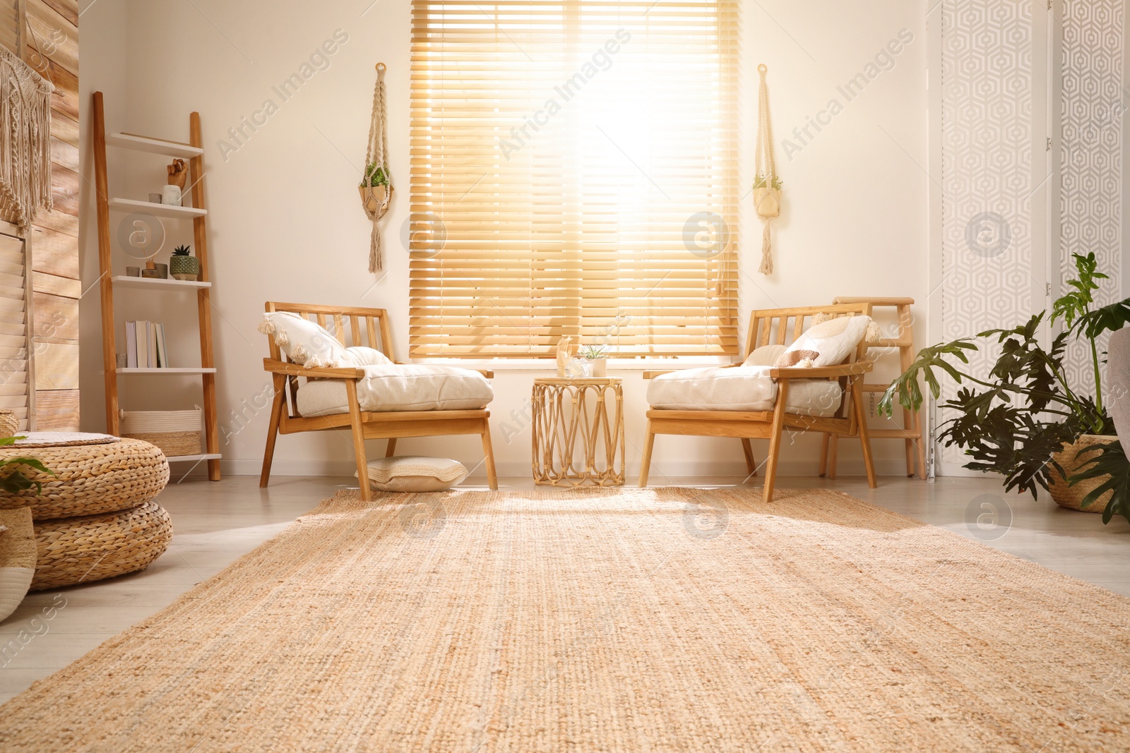 Photo of Stylish living room interior with wooden furniture and beautiful houseplants