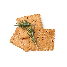 Photo of Cereal crackers with flax, sesame seeds and rosemary isolated on white, top view