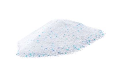 Pile of laundry detergent on white background