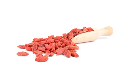 Photo of Wooden scoop with dried goji berries on white background