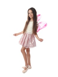 Photo of Cute little girl in fairy costume with pink wings on white background