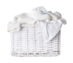 Laundry basket with dirty clothes on white background