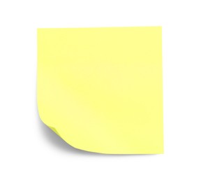 Blank yellow sticky note on white background, top view