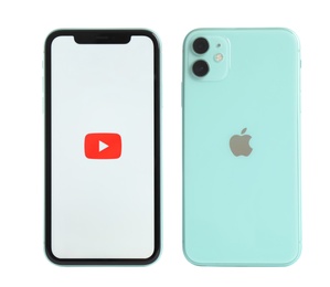 Image of MYKOLAIV, UKRAINE - JULY 07, 2020: New modern iPhone 11 with YouTube app on screen against white background, back and front views
