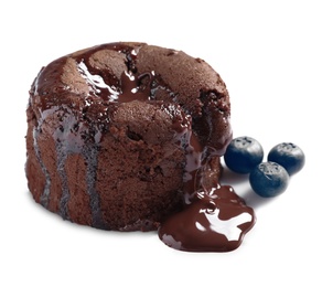 Photo of Delicious fresh fondant with hot chocolate and blueberries on white background. Lava cake recipe