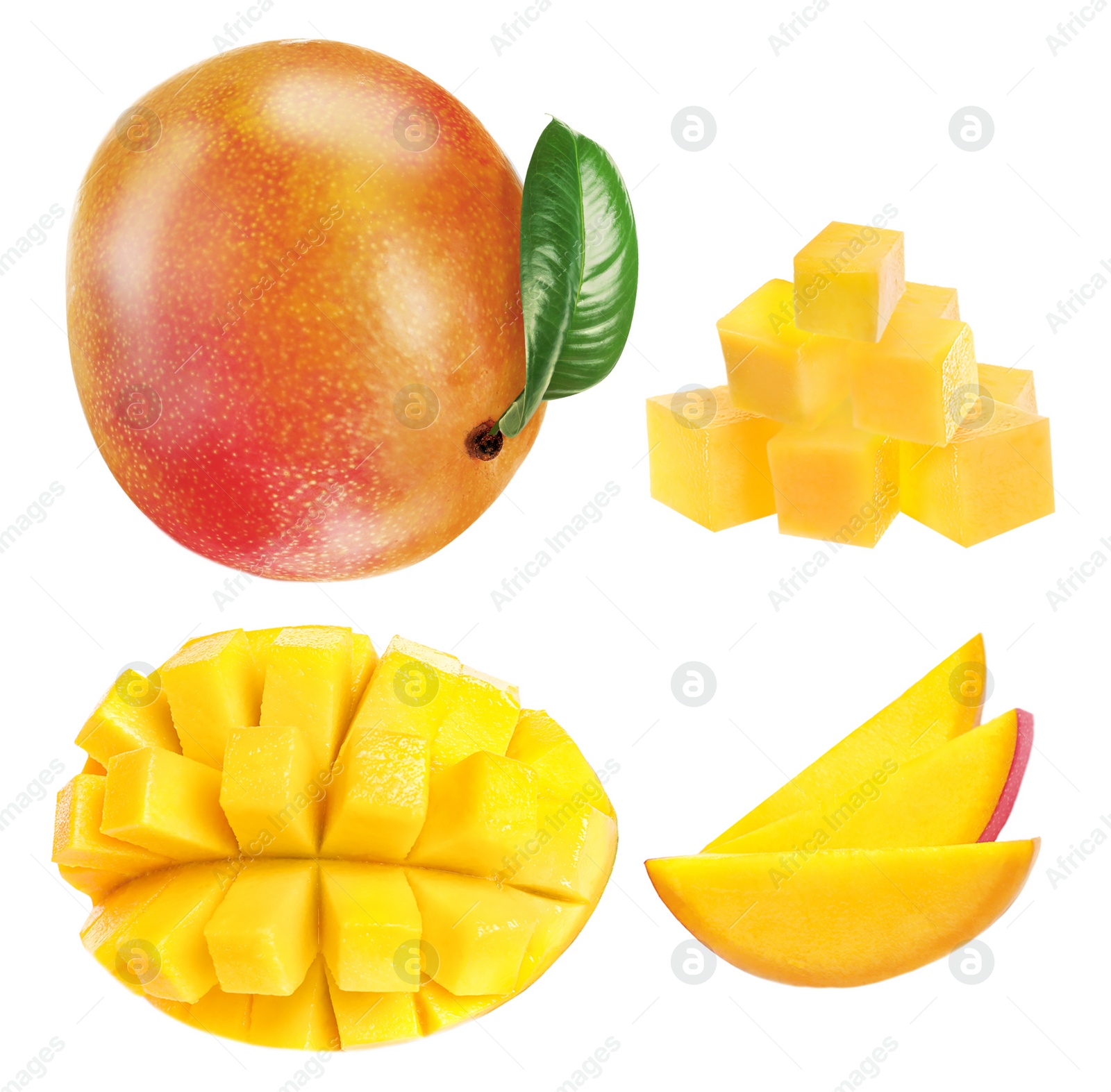 Image of Set with delicious ripe mangos on white background