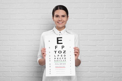 Photo of Ophthalmologist with vision test chart near white brick wall