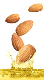 Image of Tasty nuts falling into organic almond oil on white background. Vertical banner design