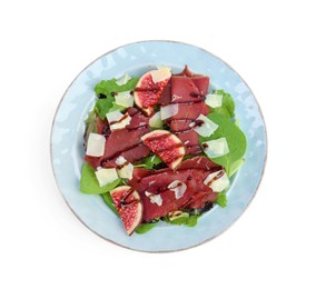 Plate with delicious bresaola salad isolated on white, top view