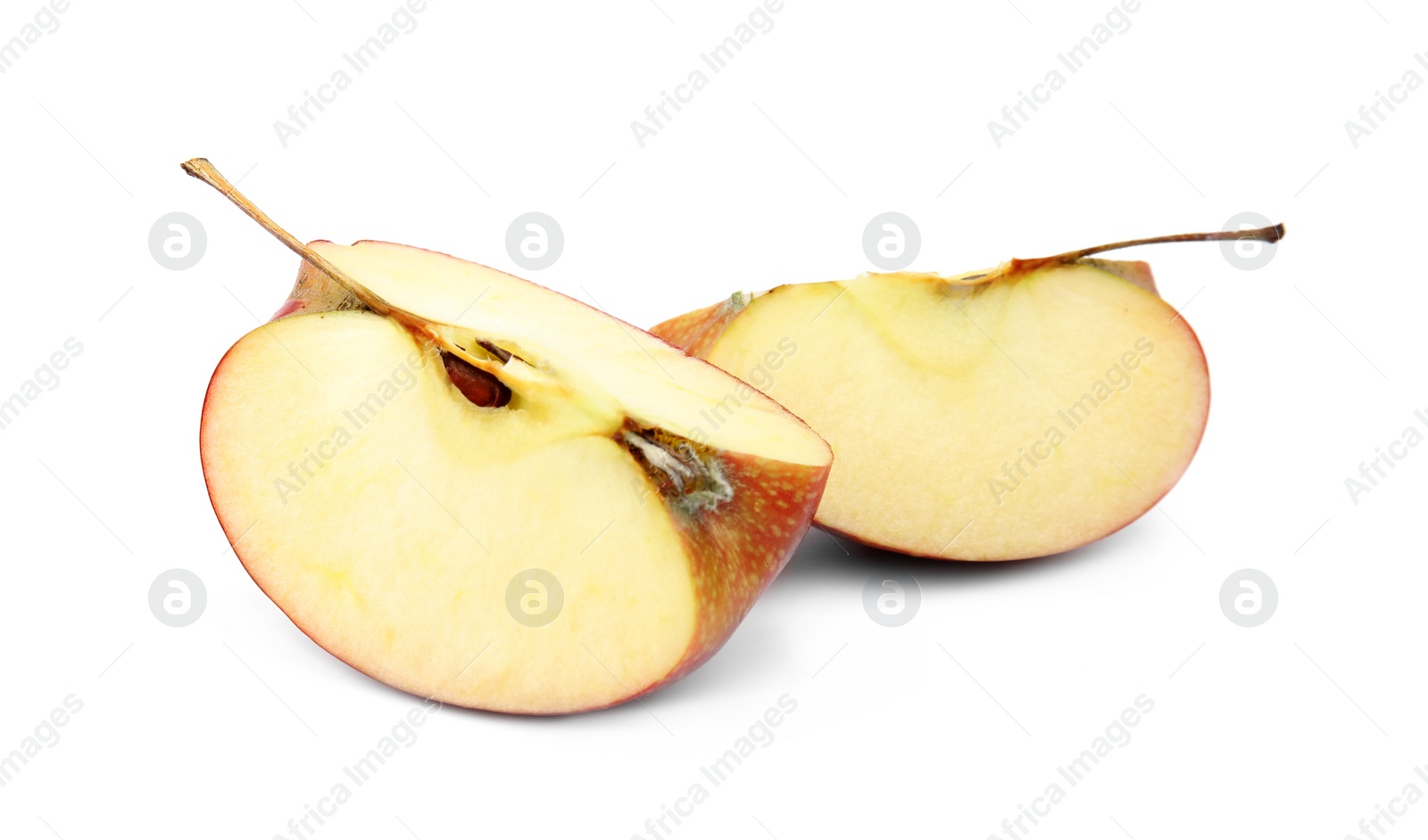 Photo of Pieces of ripe juicy red apple on white background