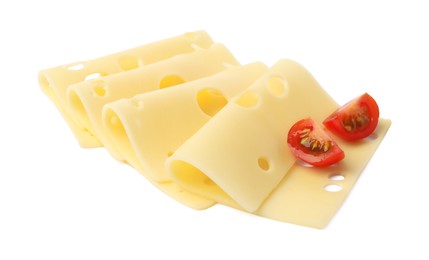 Photo of Slices of tasty fresh cheese and tomatoes isolated on white